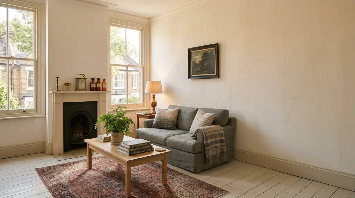 A living room with two tall sash windows, a period fireplace, a grey-green linen sofa, an oak coffee table and a Persian rug on painted floorboards