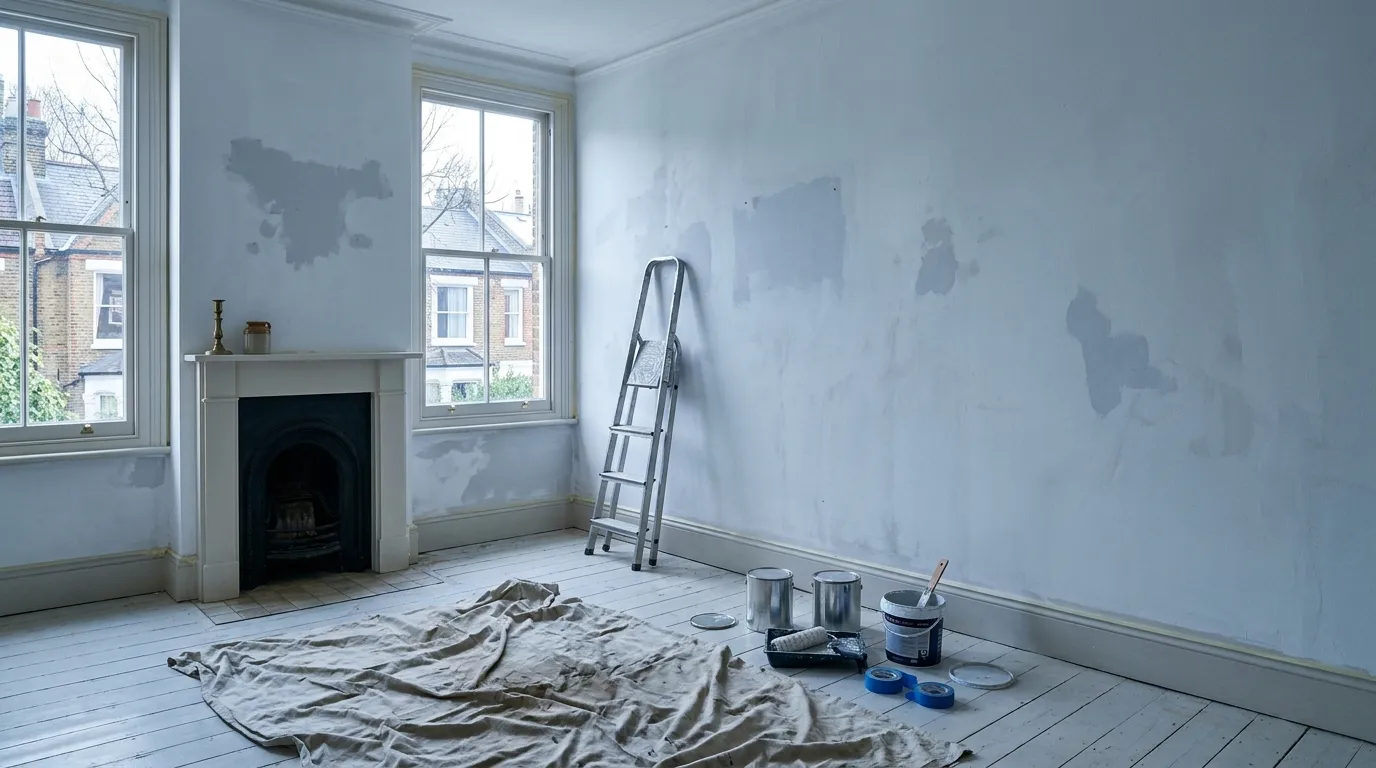 The same room empty and mid-decoration, with bare floorboards, a dust sheet, a stepladder and paint tins